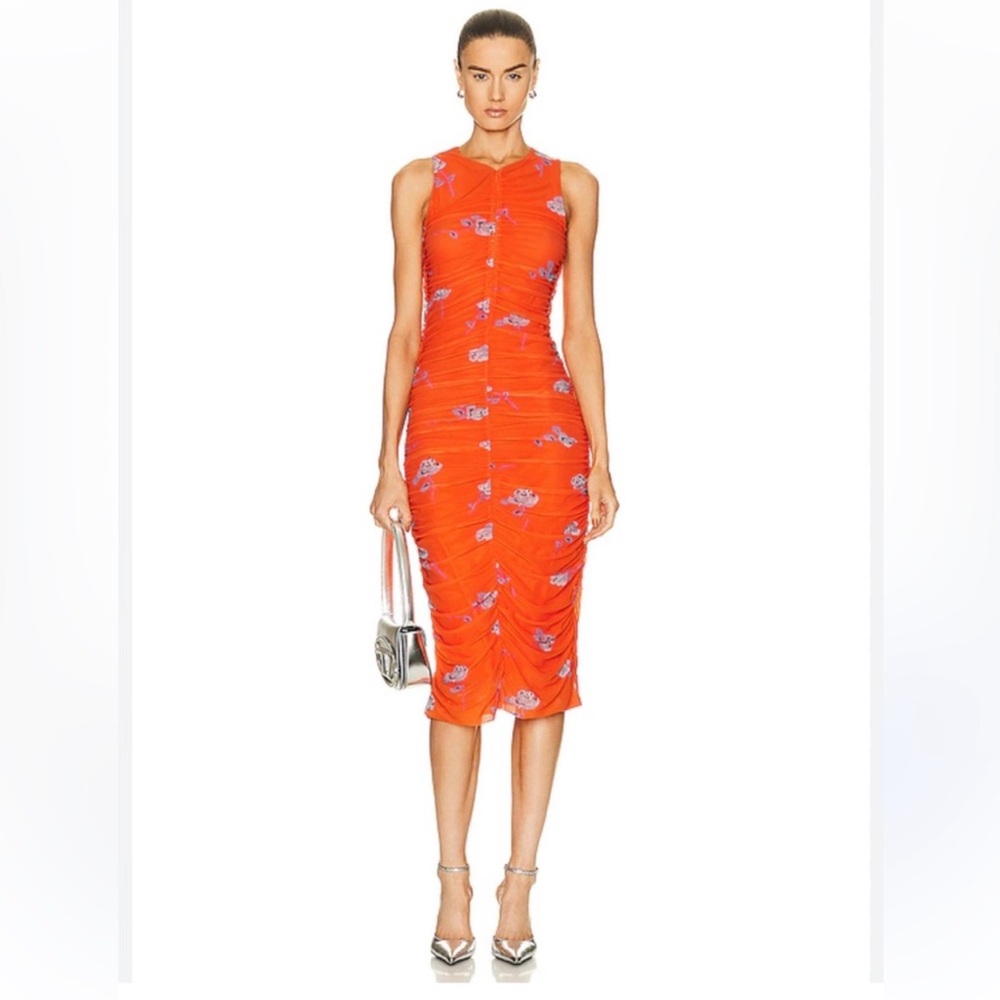 NWOT Ganni Allover Ruched Dress in Bright Orange Mesh w Floral